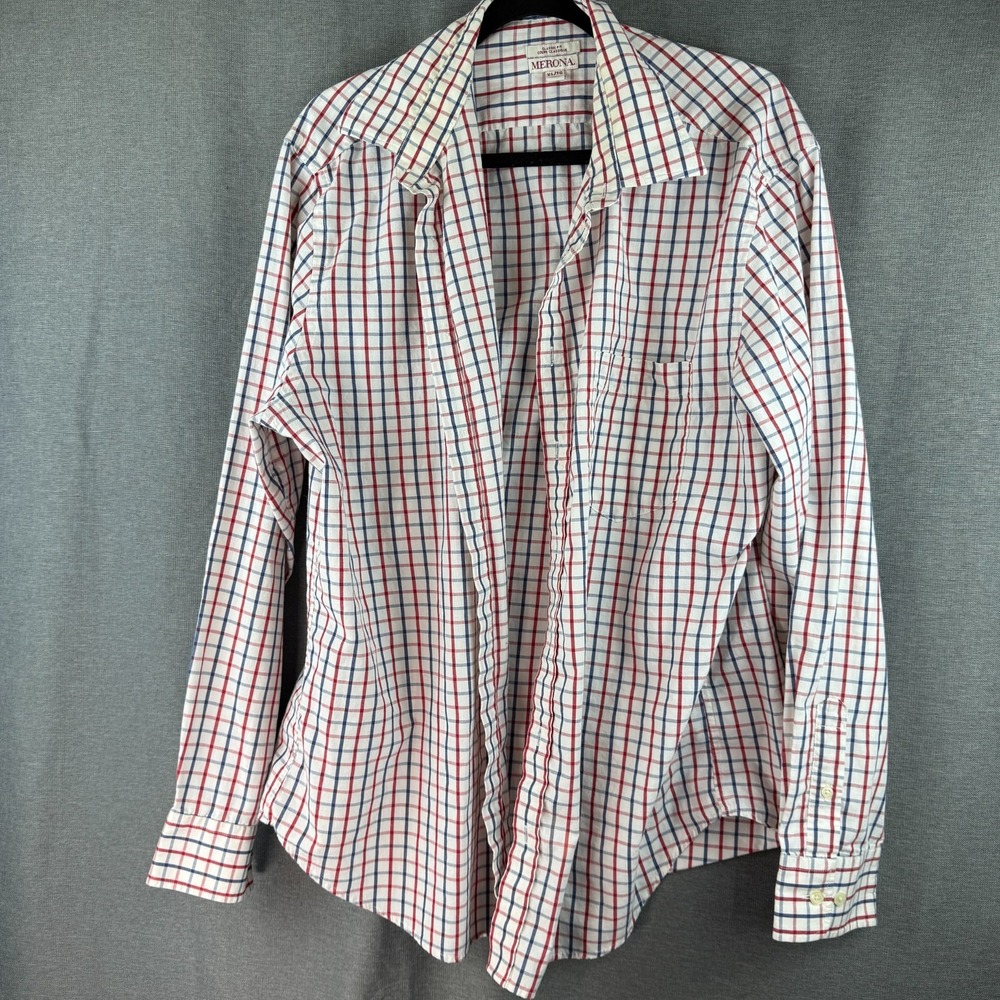 Merona Red White Blue‎ Check Gingham Plaid Button Down Shirt Mens XL Classic Fit